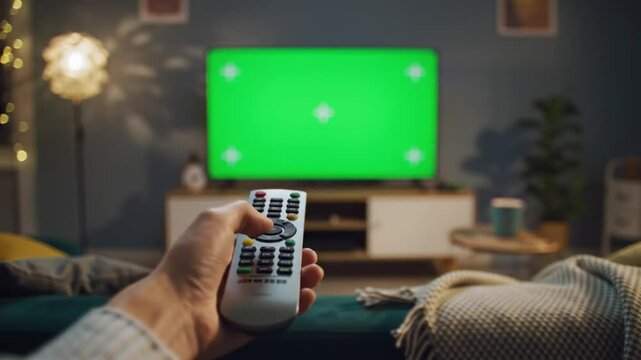 Man hand holding a remote control watching green screen television