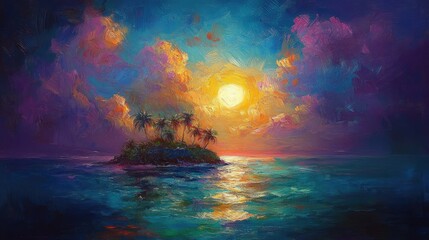 Colorful sunset over a tropical island.