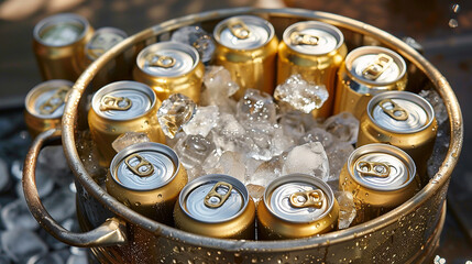 A bucket of gold cans sits in ice. These appear to be drinks, aluminum canned soda or beer.