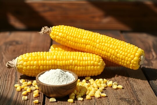 Fresh corn on the cob with cornflour in wooden bowl on rustic table