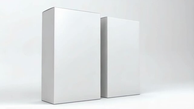 Two plain white cardboard boxes standing upright on a neutral background, product packaging, shipping containers, mockup