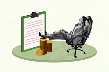 Composite zine pop trend collage of happy businesswoman sit chair office coin stack clipboard...