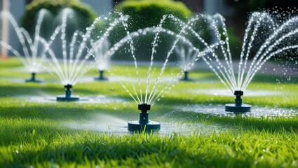 Automatic garden watering system with sprinklers. Sprays water over lush green lawn. Irrigation, efficient water conservation. Smart home, eco-friendly tech for plants.
