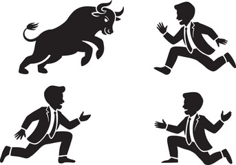 Silhouette Style Illustration of Business People Running from Bull on Background Depicting Market Panic