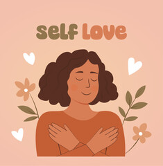 A woman is hugging herself and the words "Self Love" are written below her