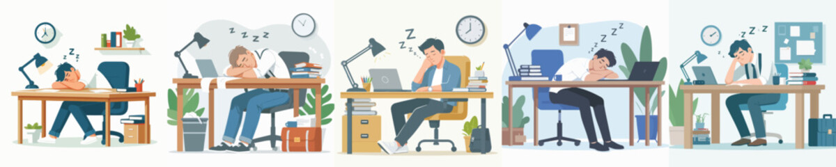Vector of a man asleep on a desk.