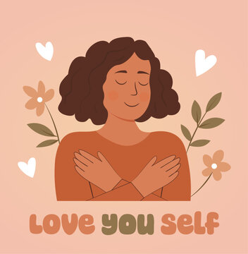 A woman is hugging herself and the words "Love yourself" are written below her. The image conveys a message of self-love and self-care
