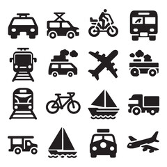  Vector glyph pictograms of travel, logistics, public transit concepts, car, train, bus, bicycle, boat, and airplane black silhouette illustration.