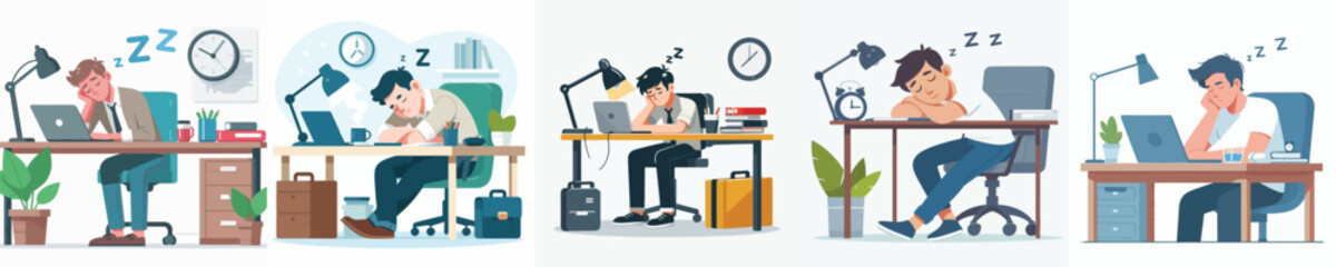 Vector of a man asleep on a desk.