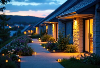 Cozy modern houses with illuminated windows and garden pathway at dusk