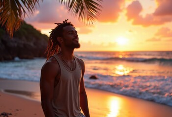 A young man with dreadlocks enjoying a sunset on a tropical beach