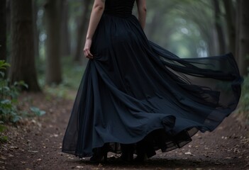 Naklejka premium A woman in a flowing black dress walks through a serene forest path