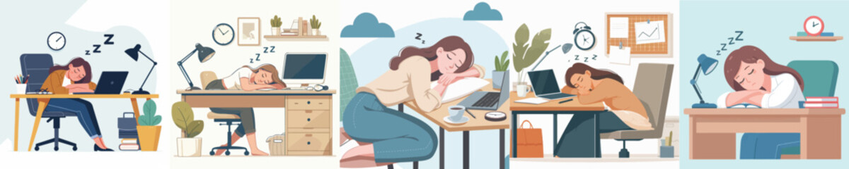 Vector of a woman asleep on a desk.