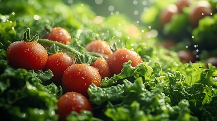 Fresh cherry tomatoes and vibrant green lettuce with water droplets high resolution image