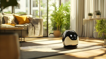 Automated Home Companion: A futuristic home scene features an advanced robotic assistant navigating a sunlit living space.