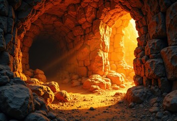 Sunlight streams into a rocky cave opening, illuminating the rugged interior with warm golden light