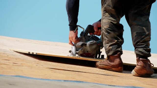 Roofer is sawing the wooden panels on the residential house. Element of roof renovation