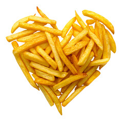 Golden French Fries in Heart Shape Isolated on Transparent Background