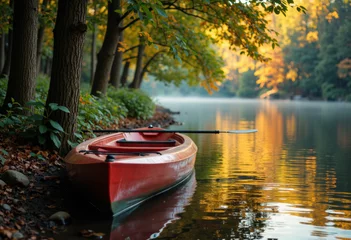 A red kayak resting on the riverbank during autumn with colorful trees reflected in the water