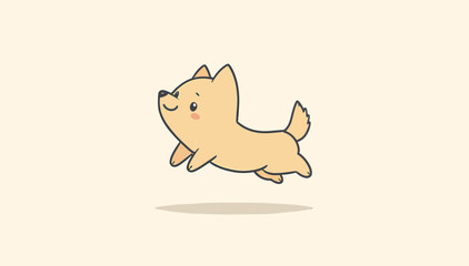 A cheerful cartoon dog with a light yellow coat joyfully jumping.