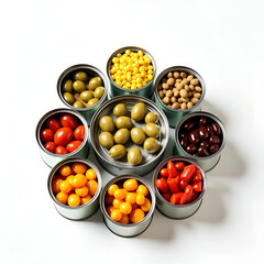 Isolated food and medical items: heart-shaped candy, red and green beans, and red and yellow pills on white