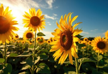 Obraz premium Bright sunflower field under a clear blue sky with sunlight illuminating the flowers
