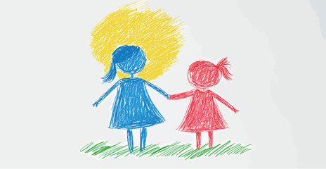 Two children, one in blue and one in red, holding hands under a yellow sun.