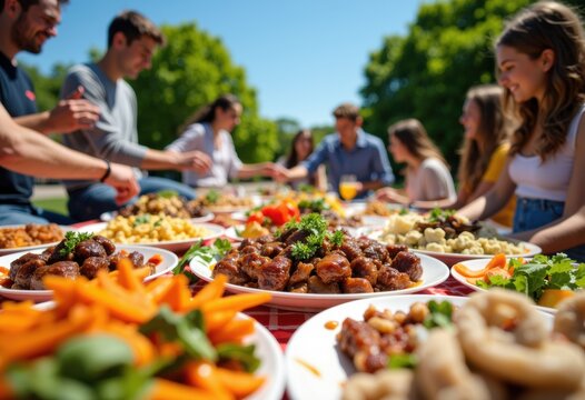 People gather outdoors around a table filled with colorful dishes for a communal meal