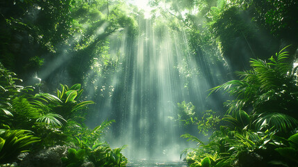 Obraz premium Ethereal sunlight pierces jungle canopy. Lush rainforest bathed in radiant morning beams. Ideal for nature, wellness, and spiritual themes.