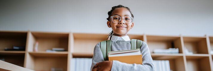 Young african child holding books in library setting with glasses and backpack
