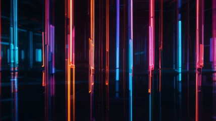 Blurred neon glows with glitch effects and prismatic reflections.