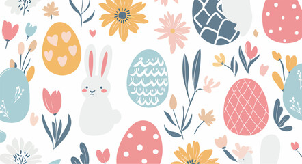 Colorful Easter-themed illustration featuring a bunny and decorative eggs.
