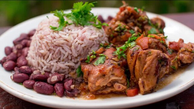 A close-up shot of Jamaican-style jerk chicken served with rice and red beans.