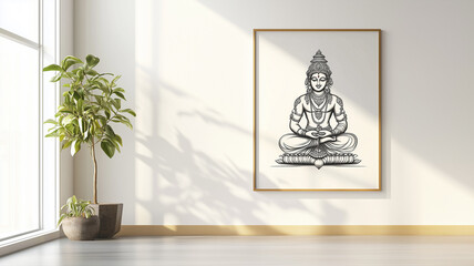 A high-resolution framed line art of Lord Kartikeya displayed on a minimalist white wall, modern home interior, sunlight falling gently through a window