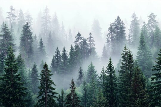 Evergreen fir trees in the dense white fog - Powered by Adobe