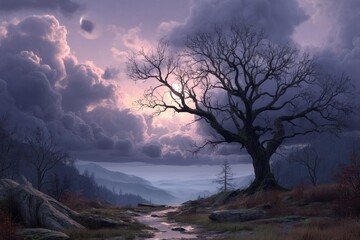 Majestic lone tree silhouetted against a dramatic sky over a misty mountain landscape.