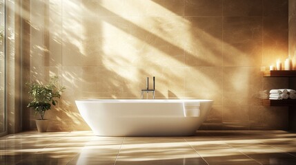 Luxurious modern bathroom bathed in golden sunlight.