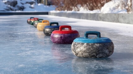 Colorful stones on a winter ice rink.