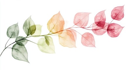 Botanical hand drawn background. Leaf line art watercolor wallpaper with green, pink leaves and branches. Warm tone design for banner, prints, wall art, fabric and home decor. illustration , no logos