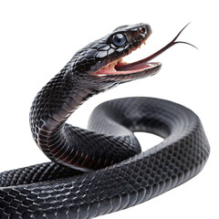 Obraz premium dangerous serious venomous black snake opened mouth png fanged reptile png striking cobra pose png deadly snake close-up png transparent background image