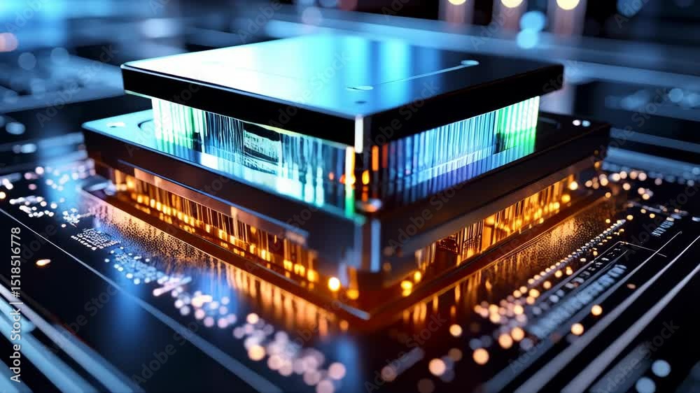 Poster close-up rendering of computer chip reflecting on circuit board with glowing lights