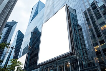 Naklejka premium Empty white billboard mounted on high-rise glass building, photographed in urban city landscape, concept of advertising space, Ai generative