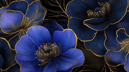 Spring floral in watercolor vector background. Luxury wallpaper design with blue, purple flowers, line art, golden texture. Elegant gold botanical illustration suitable for fabric, prints, cover. ill