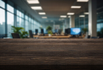 Workspace interior with wooden desk against a modern office environment during daytime