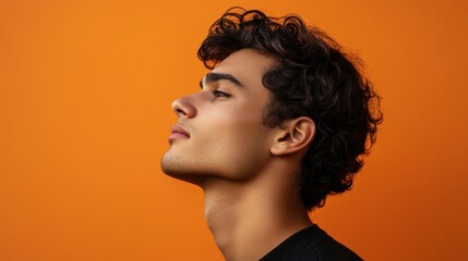 Serene Young Man in Profile Against Vibrant Orange Background