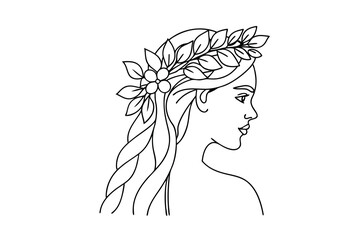 Elegant line art portrait of a woman adorned with floral and leafy headdress