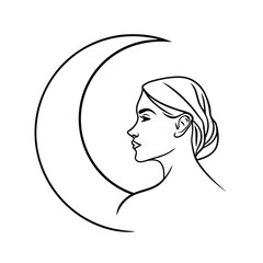 Elegant illustration of a woman's silhouette with crescent moon in minimalist style