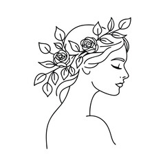 Elegant line art of a woman with roses and leaves in her hair silhouette