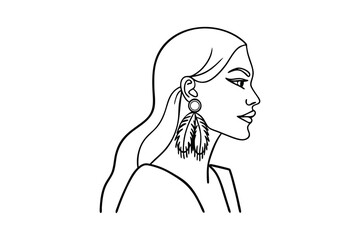 Elegant outline illustration of a woman wearing feather earrings in a modern style