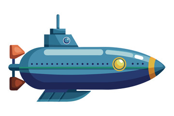 Blue Submarine Cartoon Vector Illustration Underwater Vehicle Isolated On White Background